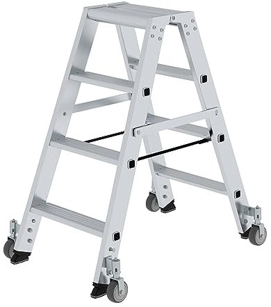 PROREGAL Stufen-Stehleiter | beidseitig begehbar | mit Rollen | 2x4 Stufen | Leiter, Teleskopleiter, Trittleiter, Bockleiter, Sprossen-Doppelleiter