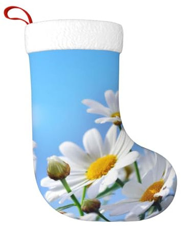 TRESILA Personalisierbarer Weihnachtsstrumpf Nikolausstrümpfe, Geschenktüten, Süßigkeitenbeutel, Weihnachtsbaum, zum Aufhängen für Weihnachten, Feiertagsparty, weiße Gänseblümchen