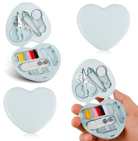 Amaxiu 2 Stück Mini Reise Nähset, Süßes Herzförmig Tragbares Nähset mit faltbarem Etui Notfall Nähset DIY Nähzubehör mit Fadenscherennadel Knopfnadeln für Heimreisende Reise Anfänger(Hellblau)