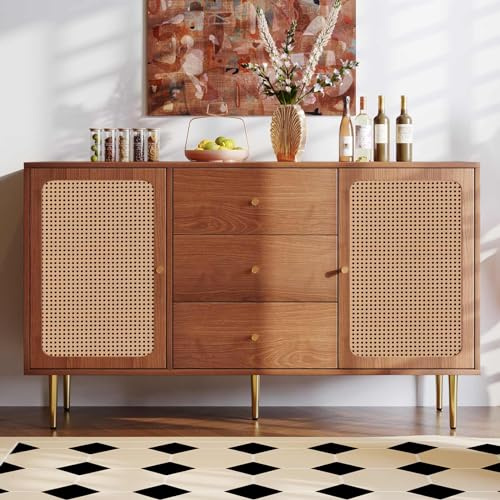 KOMHTOM - Cómoda con 2 puertas y 3 cajones, armario de almacenamiento de madera, armario para adultos, dormitorio, cocina, oficina, pasillo, nogal, 150 x 40 x 90 cm (A)
