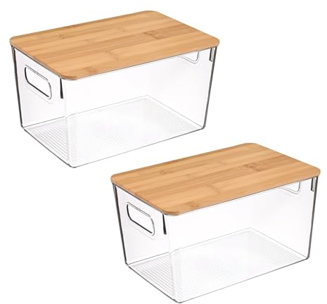 Gzsekken Plastic Storage Bins 2 Pack Kitchen Storage Box Stackable Cabinet Shelf Organiser with Bamboo Lid Kitchen Pantry Cabinet Perfect Snack Organisation- Clear/Natural