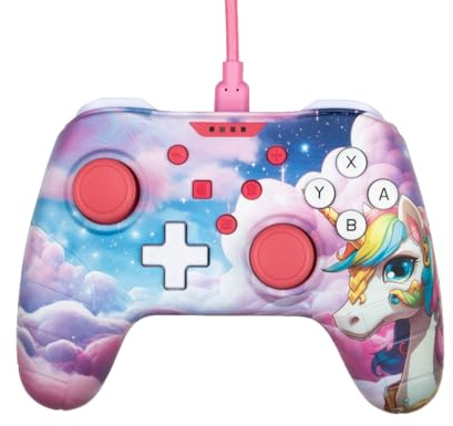 Konix Wired Controller für Nintendo Switch, Switch 2 und PC - Vibrationsfunktion - Rutschfeste Griffe - 3 m Kabel - Be Dreamy-Motiv, Einhorn