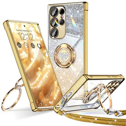 XYZ for Samsung Galaxy S24 Ultra Case with Stand, Cute Luxury Love Heart with Lanyard for Women Girls, Double Ring Bling Glitter Clear Protective Phone Cover for Samsung S24 Ultra, Gold