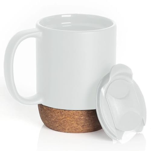 Reusable Ceramic Travel Mug with Handle and Lockable Lid & Heat Proof Cork Base - Spill Proof, Refrigerator Safe, Heat Resistant Coffee Mug - White