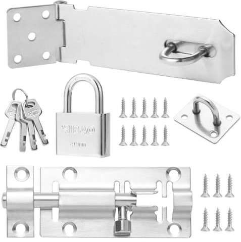 Türriegel Riegelschloss 3(75mm) mit Vorhängeschloss und Schlüsseln +4.92(125mm) Türverriegelungsfalle aus Edelstahl, Bolzenriegel Edelstahl Schlossriegel Torriegel für Tor, Fenster, Zaun