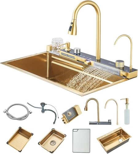 Harnart Évier de Cuisine Multifonction Evier de Cuisine à Comptoir Lavabo Acier Inoxydable avec Lave Verre Robinet Extractiblen Haute Pression 75x45x21cm,Or Brossé