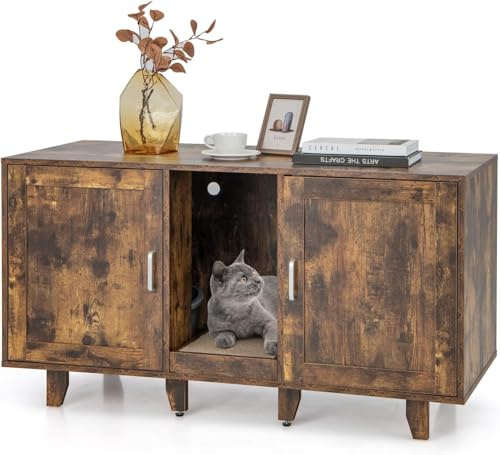 FANTASK 120x52x65cm Katzenklo Schrank, Katzenhaus mit 2 Türen & Kratzbrett & Eingang Vintage, Katzenschrank für Katzentoilette