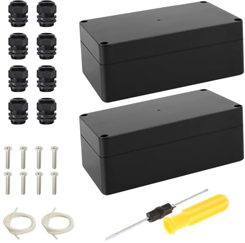 Junction Box Waterproof IP65, Pack of 2 Waterproof Junction Boxes, Black, Surface-Mounted Junction Box, Connection Box Including Matching Screws and Sealing Strips, Black, 158 x 90 x 60 mm