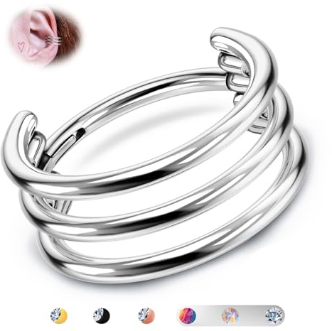 BodyBonita G23 Titanio Pendientes de Cartílago Aro 16G Anillos de Septo Triple Joyería para Piercing de Concha Tragus Daith Helix Aros para Mujer Plata 8mm