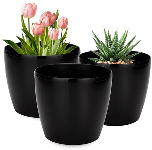 PECZEKO Blomkruka glänsande, set om 3 blomkrukor, 21/25/30 cm planteringskruka av ytterkruka plastkruka för, stora och små växter, set om 3 blomkrukor, örtkruka, svart