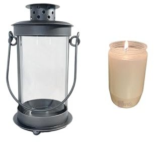 Mariles Laterne mit Griff zum Stellen wetterfest Grablaterne Grablicht Grableuchte Friedhofslaterne Windlicht Gartenlaterne Gartenlicht Garten Grab - Silber/Weiße Kerze - 21 cm
