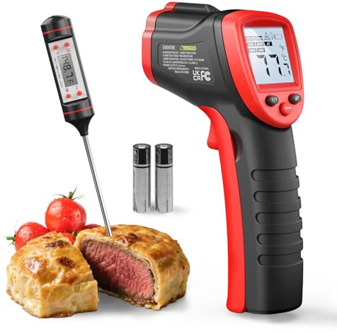 Eventek Thermometre Cuisine, -50°C 600°C(-58°F~1112°F) Thermometre Laser avec Thermomètre à Viande, Sans Contact avec 0,1-1,0 Emissivité Réglable, thermometre Infrarouge pour Cuisine/BBQ/four a pizza