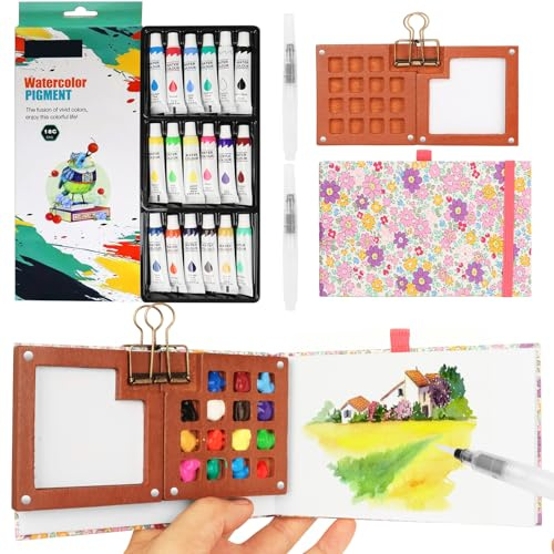 Mini Watercolour Paint Set Travel Watercolour Set,15 Grids Wood Pocket Artist Palette Kit with Metal Clip,18 Colors for Pocket Artist Watercolour Gift for Painters、Artists and Student (15Pink+18)