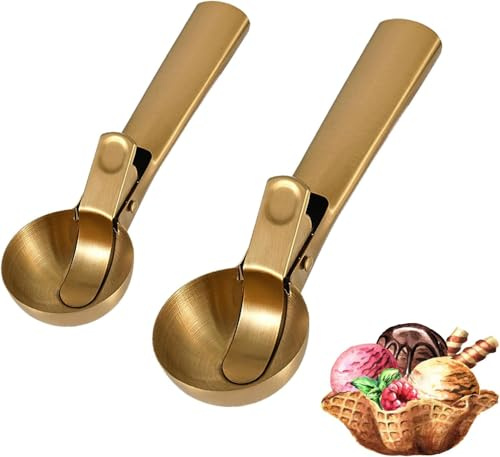 2 Pcs Ice Cream Scoop,Portable Stainless Steel Ice Cream Scoop, Icecream Scooper Spoon with Trigger Release for DIY Ice Cream,Fruit Scoop (Golden)
