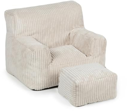 Gutekissen® Kinder Sessel mit Hocker – Weicher Lounge-Sessel aus Lincoln-Stoff – Bequemer Sitzplatz für Kinderzimmer (Creme Lincoln)
