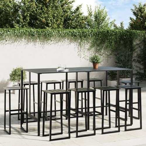 Qnhdfrt Gartenbar Set 11 teilig Schwarz Pulverbeschichteter Stahl Bierzeltgarnitur mit Lattenrost Tischplatte und Fußstützen für Terrasse Balkon und Gartenbereich