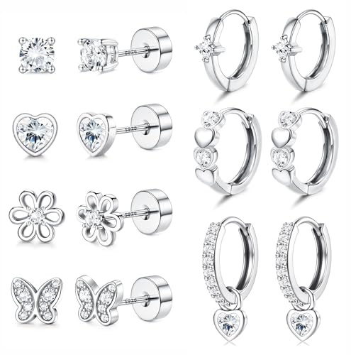 FIOROYAL 7 Paar Ohrringe Silber 925 für Mädchen Damen Hypoallergene Ohrstecker Ohrringe Creolen Set Piercing Ohr CZ Blumen Herz Schmetterling Ohrstecker Mädchen Kinder Geschenk Blau/Rosa/Weiß