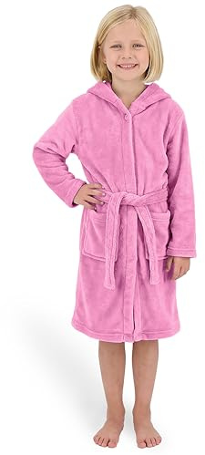Gräfenstayn Barn- och ungdomsbadrock i polar fleece med knapp och huva - Certifierad OEKO-TEX 100 - Mysig badrock för pojkar & flickor, rosa, 158