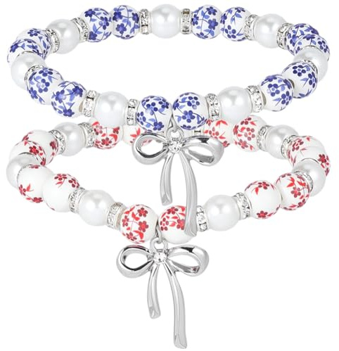 PONABEADIY 1 boîte de 2 bracelets à Perles en Porcelaine avec Breloque Nœud Papillon Imprimé Floral Bleu et Rose en Céramique Platine et Laiton Perles de Verre et Perles Élastiques. Accessoires de Mod