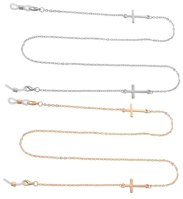DIKACA 2pcs Anti-slip Eyeglass Chains for Women, Alloy Cross Pendant Sunglass Holder Necklace, Eyeglasses Lanyards for Mask and Glasses Hanger around Neck, Gold and Steel Colors