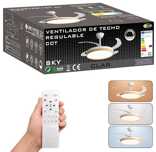 CLAR - Ventilador Techo Aspas Retráctiles, Ventilador de Techo con Luz, Silencioso con Mando, Aspas Plegables y Motor Reversible, Ceiling Fan with Light (Madera, 48W)