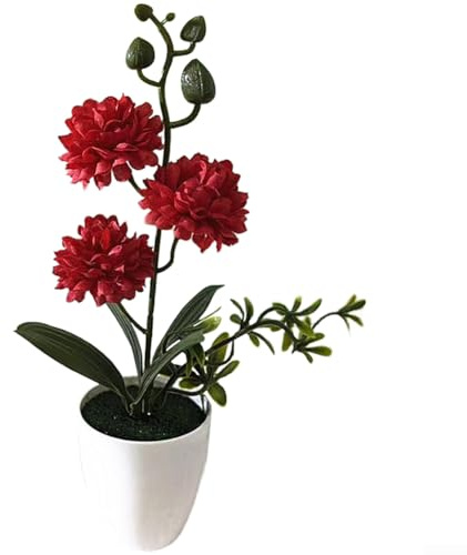 Crisantemo artificial de 3 cabezas en maceta independiente para sala de estar, dormitorio, escritorio y decoración de mesa de oficina (rojo)