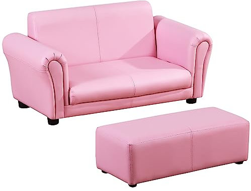 HOMCOM Kindersessel mit Fußhocker, Kindercouch mit Hocker, Kindersofa, Sofa Sessel, Rosa 83 x 42 x 41 cm