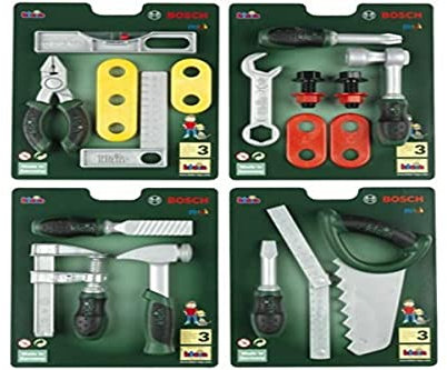 Theo Klein 8007 Bosch Werkzeug-Set, 4-fach sortiert I Je ein Set - zufällig - pro Bestellung mit hochwertigem Kinder-Werkzeug I Spielzeug für Kinder ab 3 Jahren