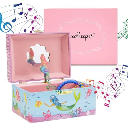 Jewelkeeper Schmuckkästchen Mädchen - Spieluhr Mädchen mit Meerjungfrau - 14.9 x 10.8 x 8.6 cm Schmuckaufbewahrung für Ketten Ringe Armbänder - Spieluhr mit Melodie Über den Wellen