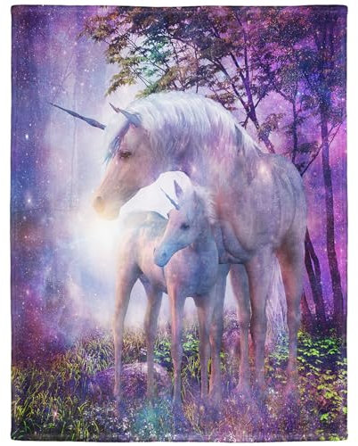 YISUMEI 125x150 cm Blanket Comfort Warmth Soft Cozy Easy Care Machine Wash Fantasy Forest Unicorn Purple,Violet