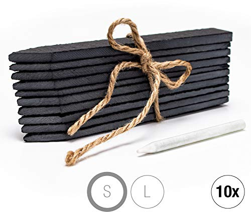 Amazy Schiefer Pflanzenschilder Set L (10 Stück) inkl. Kreidestift zum Beschriften – Der rostfreie Gartenstecker – Für individuelles Kennzeichnen von Pflanzen und Kräutern Plus Juteband (20 x 3 cm)