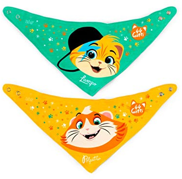 LULABI 44 GATTI BOY - 2er-Set aus Babylätzchen, 100% aus weicher Baumwolle mit 44 Katzen Aufdruck, Lätzchenpackung, Knopfverschluss, hypoallergen, wiederverwendbar, unisex, 21 x 17 cm - Bunt