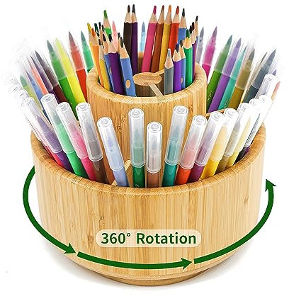 VaeFae Bambus-Stifthalter, Rund Drehbar, Hält 420 Stifte, Schreibtisch-Aufbewahrung für Marker, Buntstifte, Kunstpinsel usw.