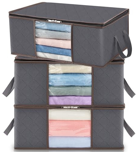 Lifewit 35L Clothes Storage Bag Foldable Storage Boxes with Lids Underbed Wardrobe Storage Organiser with Sturdy Fabric Clear Window for Clothing Bedding Sweaters T-shirts Blankets, 3 Pack, Grey