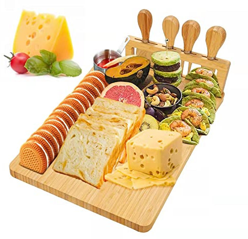 Bamboo Cheese Board, Cheese Tray with 4 Stainless Cutlery Set,Charcuterie Board and Serving Meat Platter, Ideal for Halloween, Wedding