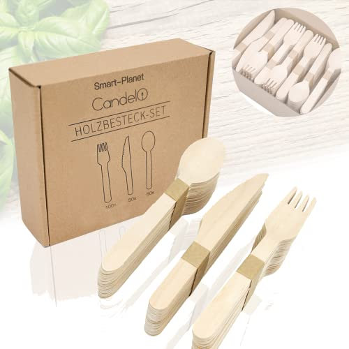 Candelo® Einwegbesteck Set 200-teilig aus Holz - 100 Holzgabeln 50 Holzlöffel 50 Holzmesser - nachhaltiges Holzbesteck - kompostierbares Einweggeschirr