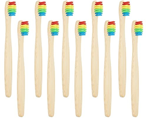 SEVENHEAD 10 Stück Bambus-Zahnbürsten, weiche Borsten, Holzzahnbürsten, natürlich, biologisch abbaubar, BPA-frei, umweltfreundlich, bunt