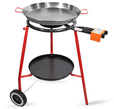 Machika Andreu Set Pan Set with 18-inch Carbon Steel Pan, 8 in 16 in Double Ring Paella Burner and Stand Set (34 in) Grill Set Perfect for Gastronomic Events, Caterings, Camping, 12 Servings