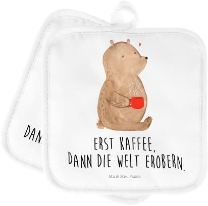 Mr. & Mrs. Panda 2er Set Topflappen Bär Kaffee - Geschenk, Ofenhandschuh, Welt retten, Topfhandschuh, Topflappen Set, Topfuntersetzer, Topflappen