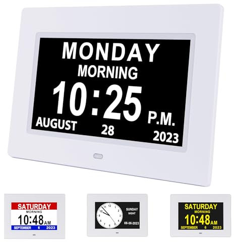 Golony 7.1 Digital Day Calendar Clock, Extra Large Day Date Time Dementia Clocks for Senior Elderly Memory Loss Vision Impaired Alzheimer's with12 Alarm Reminders Auto-Dimming,White