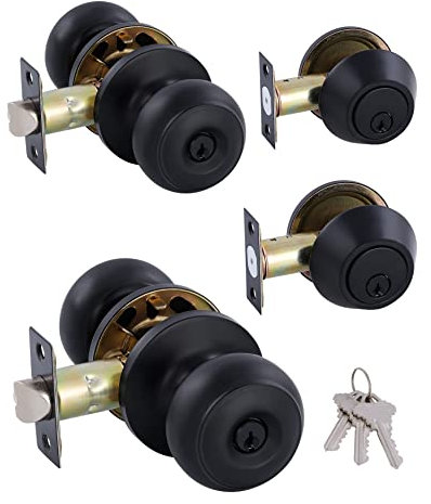 GITRANG (2 Pack) All Keyed Identical Deadbolt Door knob Single Cylinder Deadbolt Lock Combo Set, Classic Matte Black Exterior Door Knobs with Deadbolt Entrance and Front Door Lock