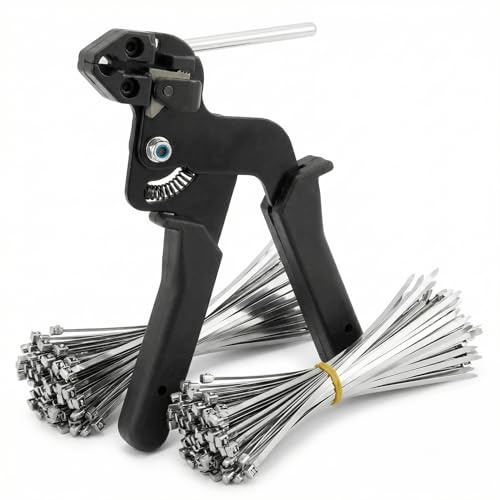 QWORK Pistola de amarre de cable, herramienta de sujeción de cables de acero inoxidable, Tensor de bridas de metal, con 200 bridas para cables de acero inoxidable de 4.6 x 250 mm