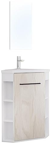 ONDÉE, Mobile da appoggio collezione NOVA, 1 porta con chiusura progressiva, apertura reversibile, consegnato in kit, versione angolare, bianco con porta in legno, lavabo in resina bianca, FSC