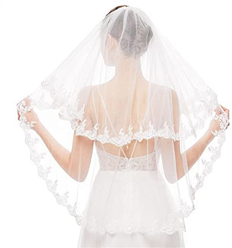 MANYMANY 2-stufiger Hochzeitsschleier aus Tüll, kurzer Brautschleier, Puffspitze, Bogenkantenschleier, elfenbeinweißer Glitzer-Brautschleier