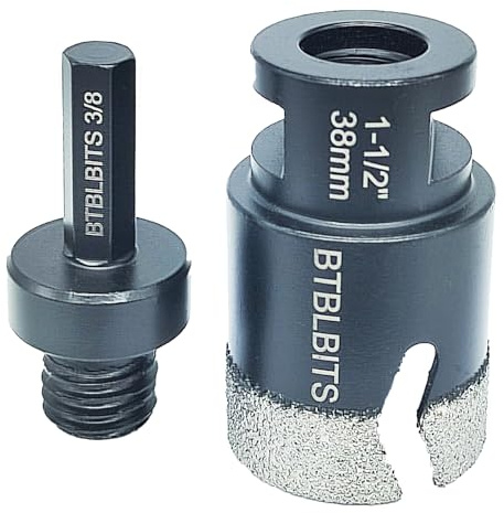 BTBLBITS Dry Diamond Core Drill Bit 1-1/2 Inch Tile 38mm Tile Hole Saw Plus 3/8 Inch Hex Shank Adapter 5/8-11 Thread for Porcelain Ceramic Tiles Granite Marble Concrete Masonry