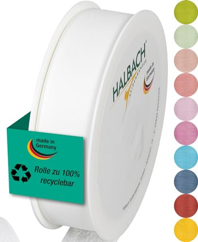 Halbach mattes Taftband, 25 mm x 25 m, weiß | Geschenkband in Baumwolloptik, Made in Germany, Ökt-Tex 100 zertifiziert und waschbar bei 30 Grad