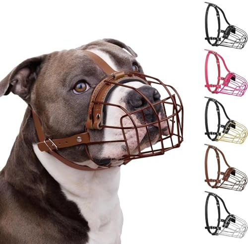 BRONZEDOG Maulkorb für Hunde aus Metall – Amstaff Drahtkorb mit verstellbaren Lederriemen für große Hunde