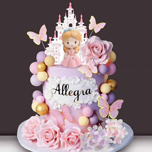 39 PCS Princess Cake Topper Castle Cake Decoration with Butterflies Artificial Flowers and Balls for Girls Kids Happy Birthday Party Decorations Princess Baby Shower Supplies (Pink and Purple)