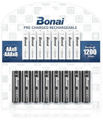 BONAI Rechargeable Batteries AA AAA Pack of 16, 2800mah AA Rechargeable Batteries 8 Pack and 1100mah AAA Rechargeable Batteries 8 Pack