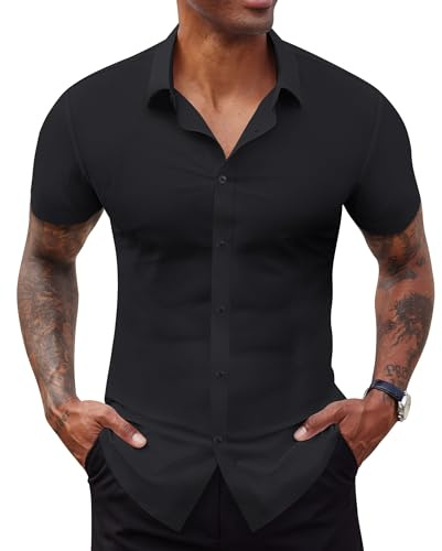 Lion Nardo Stretch Dress Shirts for Men Short Sleeve Slim Fit Casual Button Down Shirts Muscle Fit Men's Dress Shirts Black